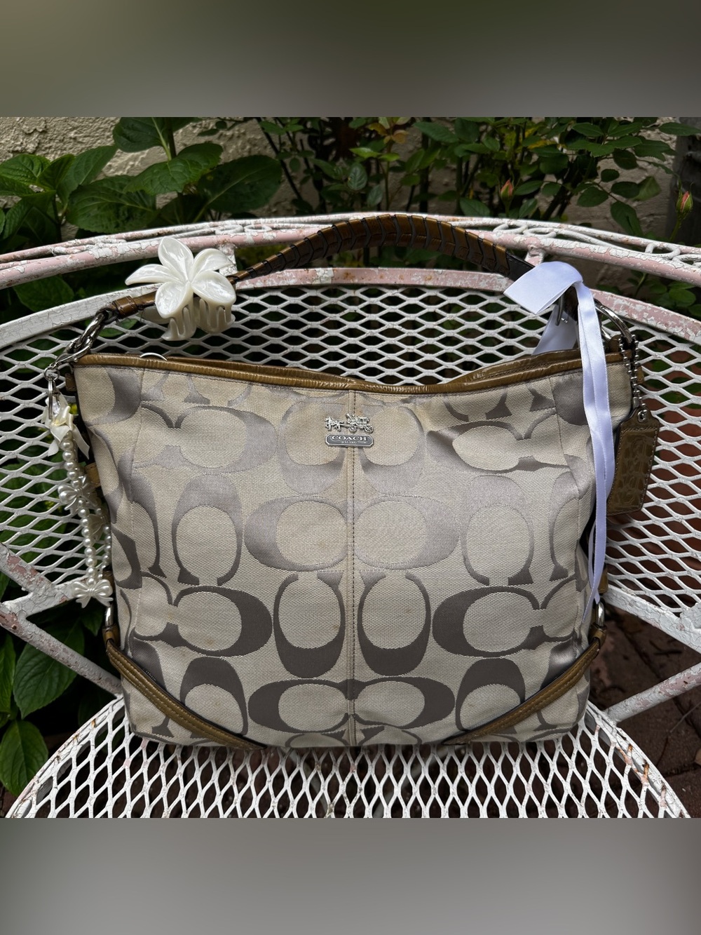Y2K Grey/Green Slouchy Coach Monogramed Shoulder Bag
